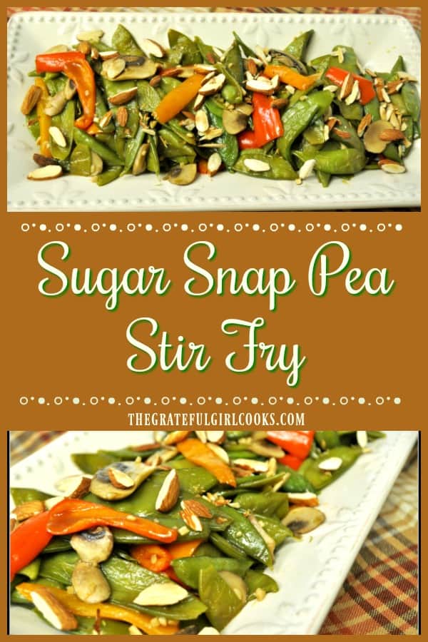 This Asian-inspired sugar snap pea stir fry, with mushrooms and colorful bell peppers cooked in teriyaki sauce, is a simple and delicious veggie side dish!