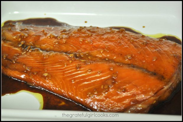 Now the marinated salmon is ready to bake in the oven.