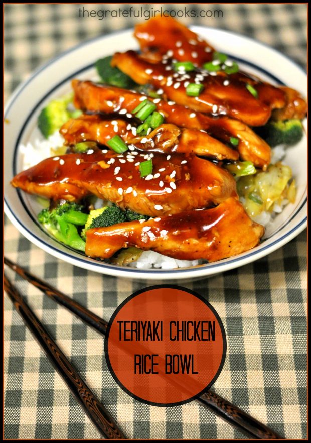 A teriyaki chicken rice bowl is a yummy one dish meal, with chicken, broccoli, cabbage and green onions, in a teriyaki glaze, served on a bed of rice.