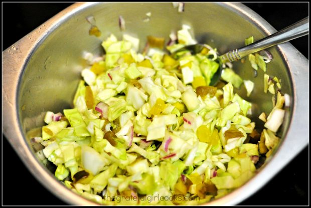 Spicy coleslaw for BBQ shredded pork hoagies, in small metal bowl