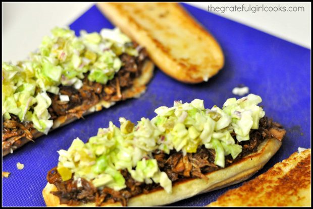 BBQ shredded pork hoagies with spicy slaw.