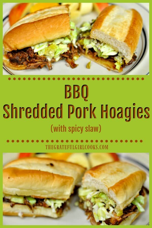 Classic BBQ Shredded Pork Hoagies, topped with a slightly spicy and crunchy slaw. This is a great way to use leftover pork to make a new lunch or dinner!