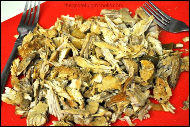 Shredded pieces of pork roast for BBQ shredded pork hoagies