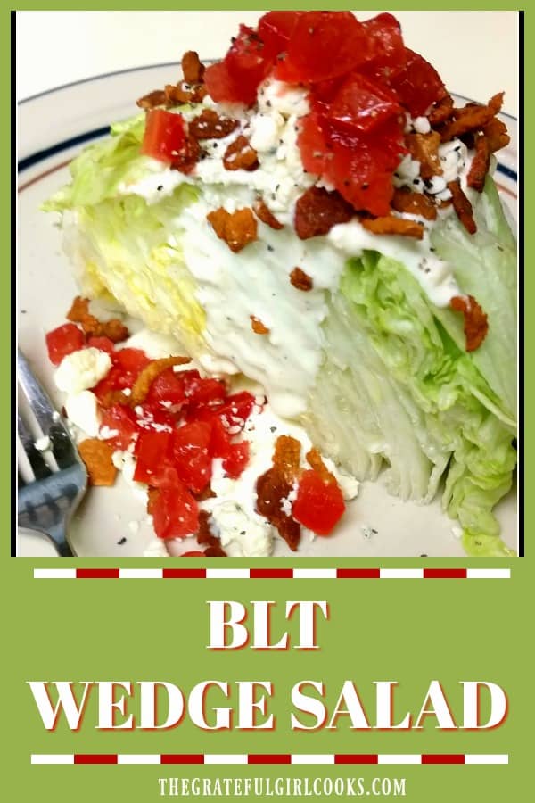 Classic BLT wedge salad with bacon, iceberg lettuce, crumbled blue cheese, and chopped tomatoes, topped with a thick, creamy, homemade blue cheese dressing.