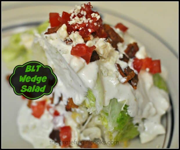 Classic BLT wedge salad with bacon, iceberg lettuce, crumbled blue cheese, and chopped tomatoes, topped with a thick, creamy, homemade blue cheese dressing.