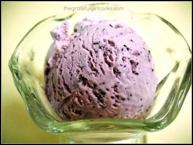 One scoop of blueberry ice cream, in a glass dish.