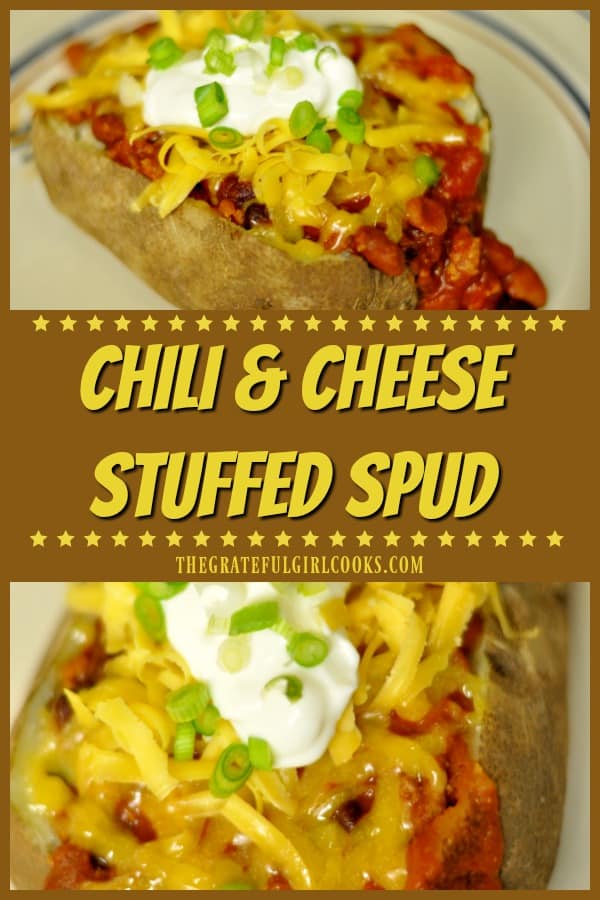 Need a quick, filling lunch or dinner that is REALLY easy? Why not make a chili cheese stuffed spud, with sour cream, cheddar cheese and green onions!