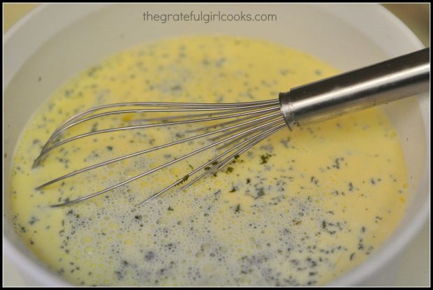 Eggs, half n' half, and spices are blended for breakfast souffle