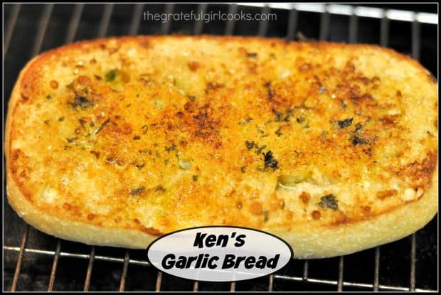 Ken's Garlic Bread is an easy, crunchy, tasty side dish for salads, soup or main courses. Broiled baguette has Parmesan, garlic, butter, paprika and parsley!