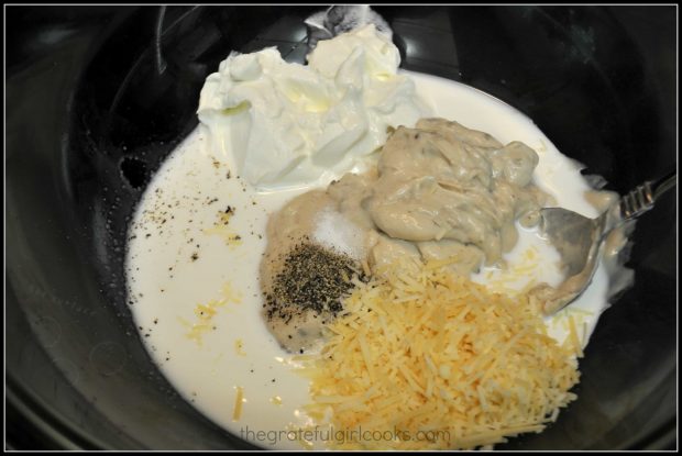 Mixing up the sauce for the tuna noodle casserole.