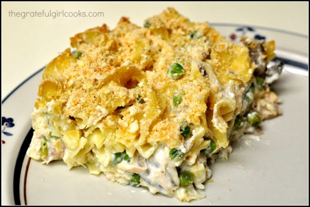 Mom's Tuna Noodle Casserole cut into serving size on a plate.