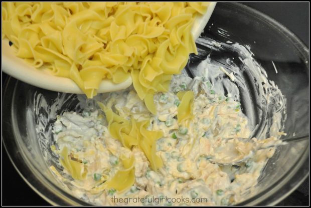 Cooked, drained pasta is added to tuna noodle casserole ingredients.