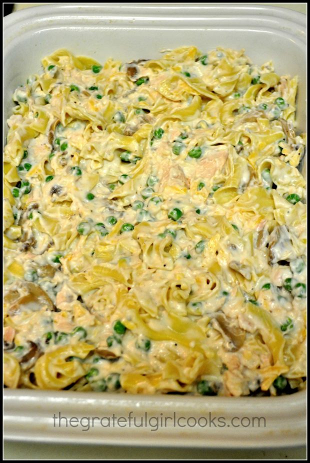 Tuna noodle casserole placed in baking dish, before going into the oven.