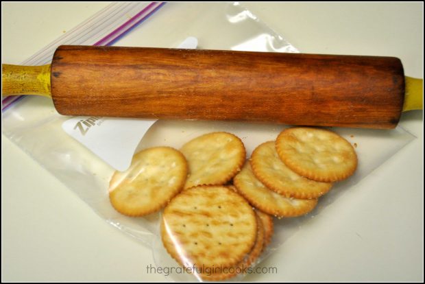 Buttery crackers are crushed to make a topping for tuna noodle casserole.