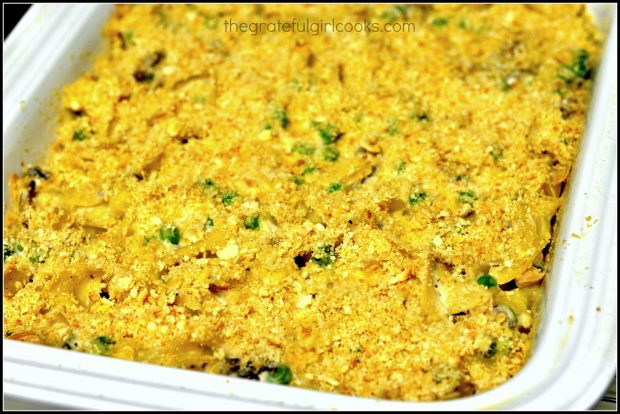 Mom's Tuna Noodle Casserole after baking. Ready to cut and serve!