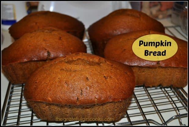 Make three mini-loaves of this traditional, and delicious pumpkin bread, flavored with the warm Fall spices of of cinnamon, nutmeg and ginger! EASY!