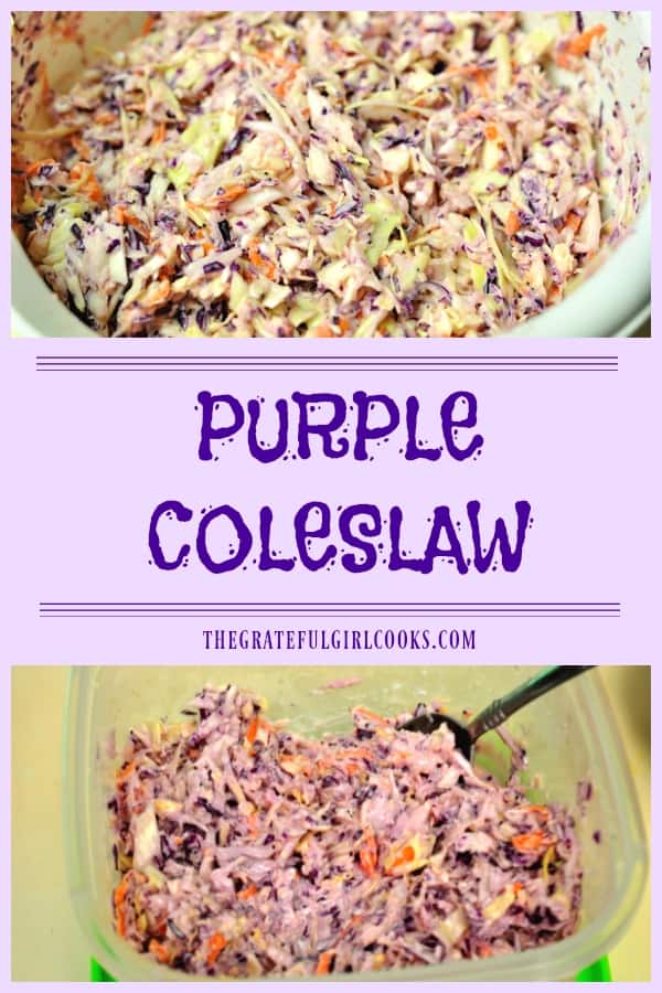 Purple coleslaw, with homemade poppyseed dressing, is a quick, easy salad that's perfect for BBQ's! Slaw turns deep purple the longer it refrigerates.