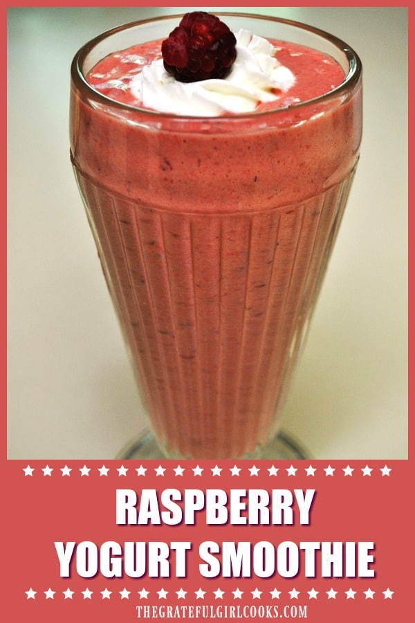 You're gonna love this easy to make raspberry yogurt smoothie, with raspberries, banana, and Greek yogurt, sweetened with honey. Cold and delicious!