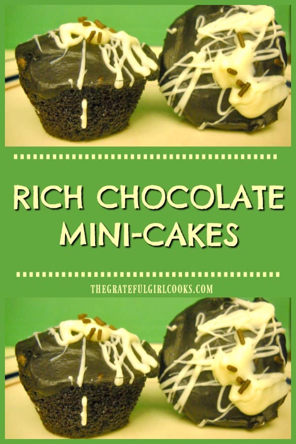 Made in mini-muffin pans, you will LOVE these fudgy, rich chocolate mini-cakes, drizzled with white chocolate icing. Recipe makes 24 decadent treats!