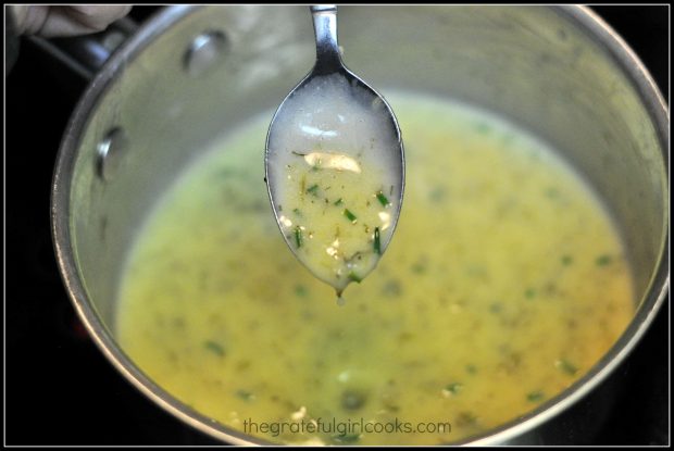 Lemon butter herb sauce is finished cooking