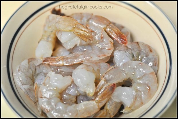 Rinsed and de-veined shrimp are left with their tails on for this dish.