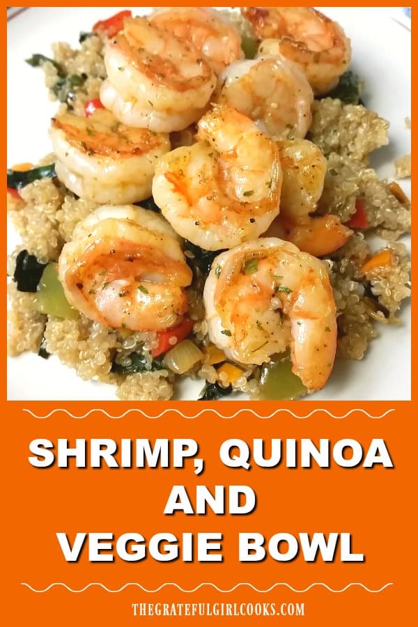 Make a delicious, filling shrimp quinoa veggie bowl, an all-in-one meal with cajun seasoned shrimp, fluffy quinoa, Swiss chard, onions, and peppers. 