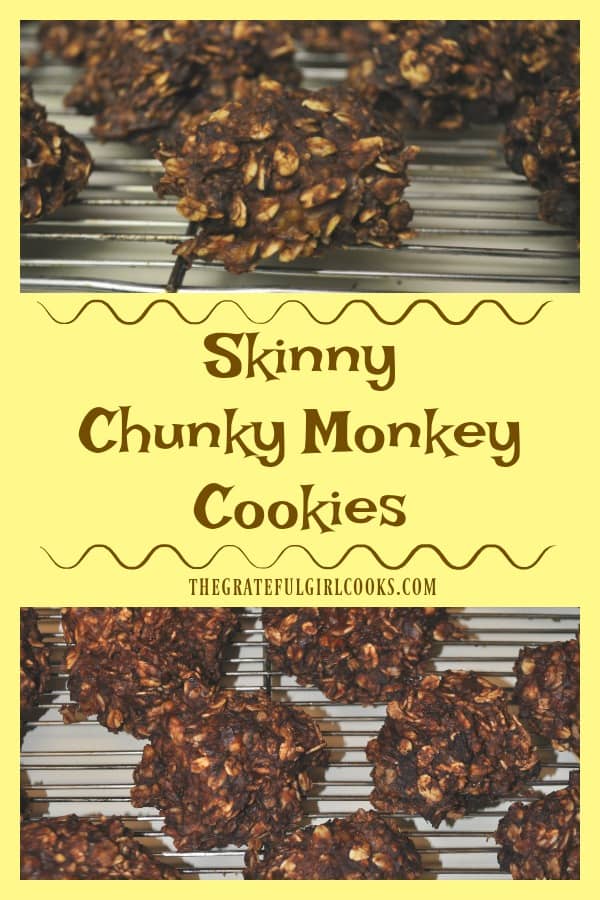 Skinny Chunky Monkey Cookies are easy to make, low calorie baked treats with oats, applesauce, peanut butter, bananas and cocoa powder.