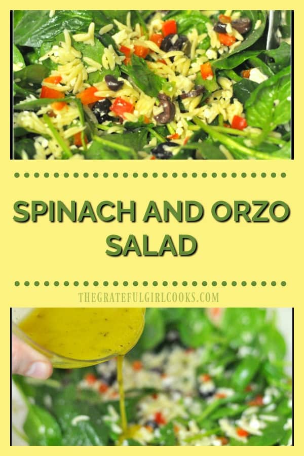 This delicious spinach and orzo salad is an easy to make dish, with feta cheese, capers, kalamata olives, and a simple homemade salad dressing!