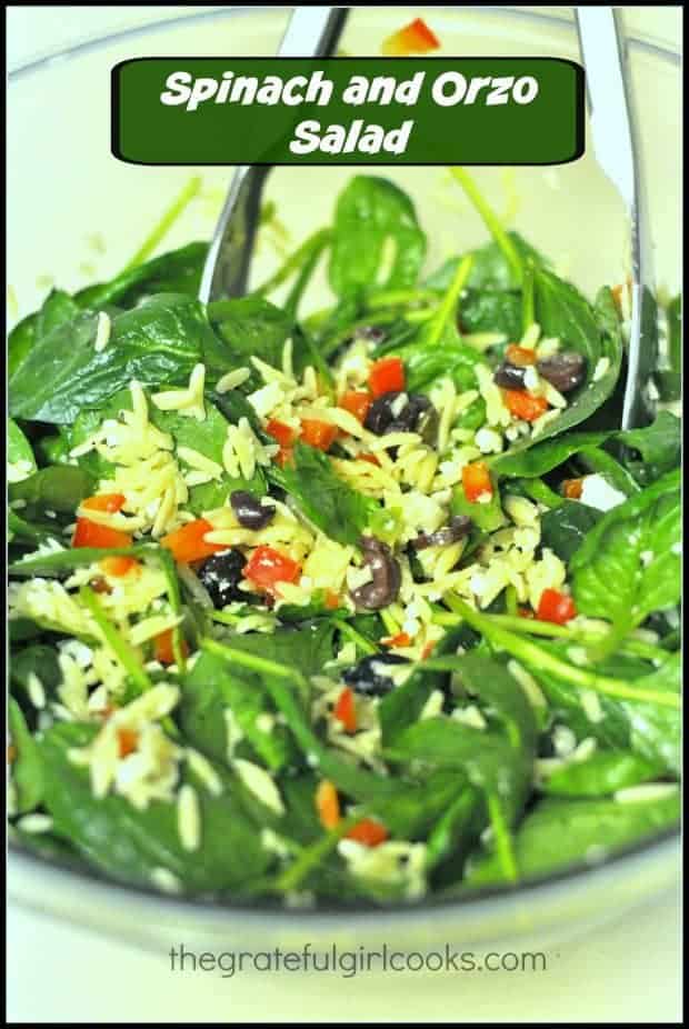 This delicious spinach and orzo salad is an easy to make dish, with feta cheese, capers, kalamata olives, and a simple homemade salad dressing!