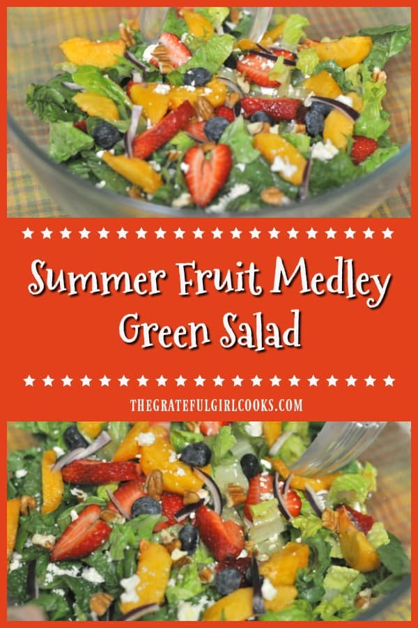 Mixed greens, strawberries, peaches, blueberries, feta, red onion and pecans combine to create a delicious, colorful, summer fruit medley green salad!