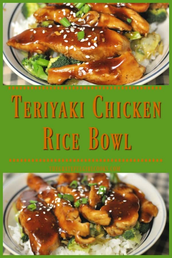 A teriyaki chicken rice bowl is a yummy one dish meal, with chicken, broccoli, cabbage and green onions, in a teriyaki glaze, served on a bed of rice.