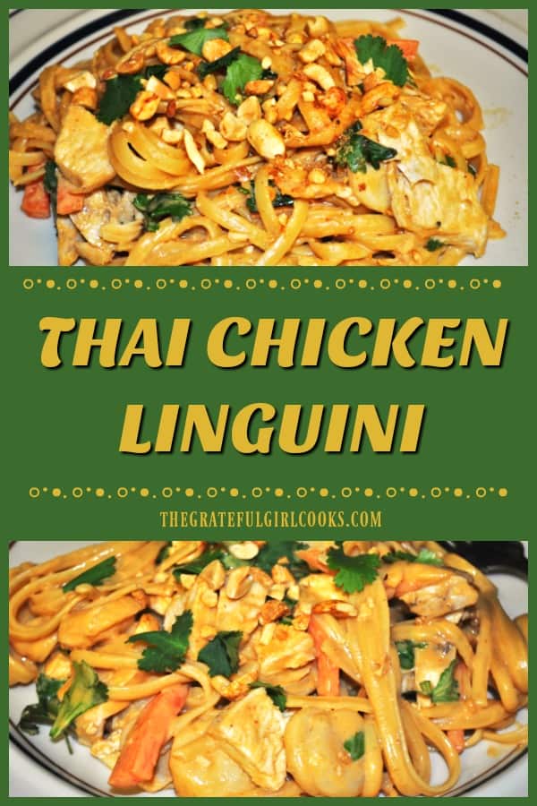 Thai Chicken Linguini (a Cheesecake Factory copycat recipe), with chicken breasts and pasta in a creamy Asian peanut sauce, is absolutely delicious!