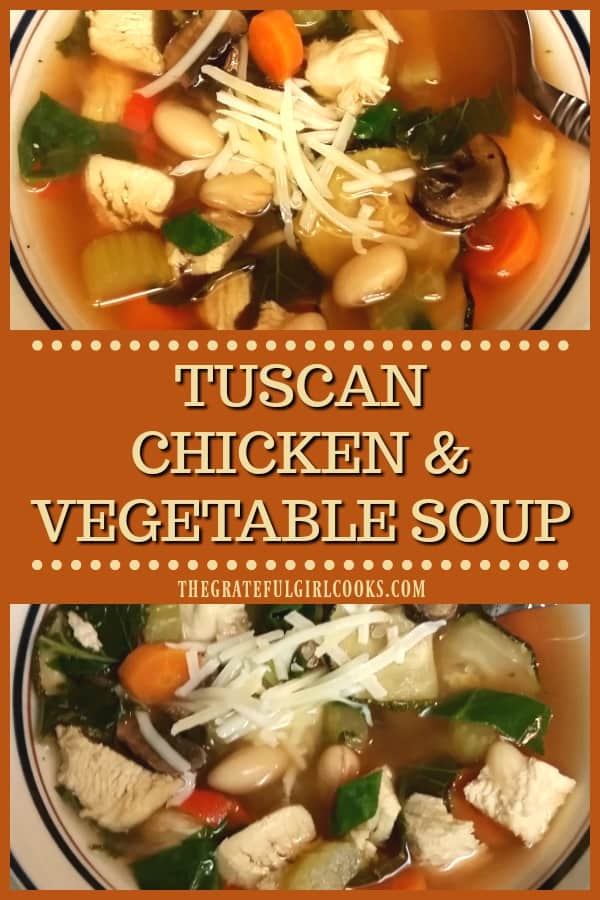 Tuscan Chicken Vegetable Soup is a delicious, Italian-inspired soup. This hearty soup (with 7 veggies) is perfect anytime, especially on a cold day!