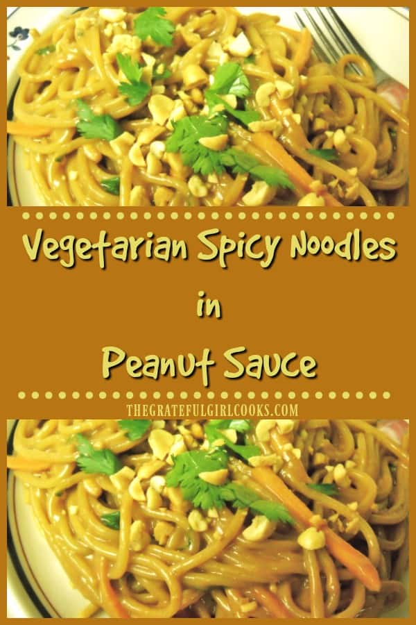 Vegetarian or not, you'll enjoy these spicy noodles in peanut sauce! Pasta with water chestnuts, peanuts, cilantro and carrots in a creamy Thai sauce!