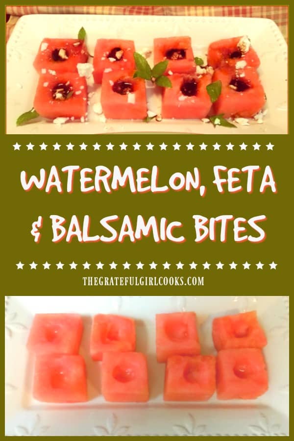 Watermelon Feta Balsamic Bites are a simple appetizer for a hot day! Chilled cubes of watermelon, with balsamic vinegar, feta cheese and mint garnish!