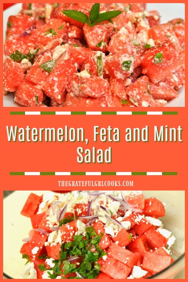 Sweet, cold watermelon feta mint salad with fresh mint, salty feta cheese crumbles and red onion is an easy, delicious salad for a hot Summer day!