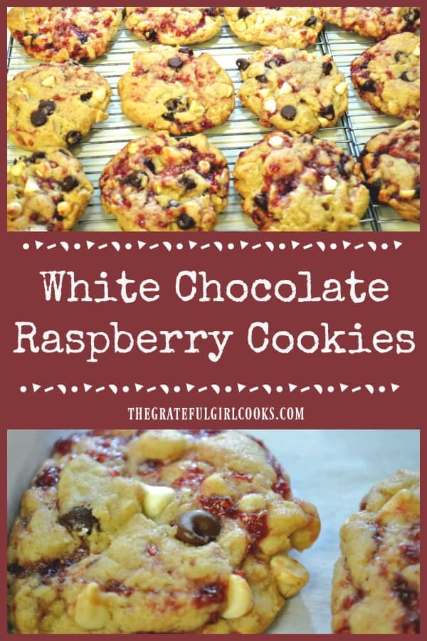 White Chocolate Raspberry Cookies are Disneyland Main Street favorites, filled with white & semi-sweet chocolate chips and ribbons of raspberry jam. 