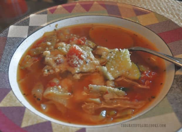 Close up of easy healthy veggie soup in bowl.