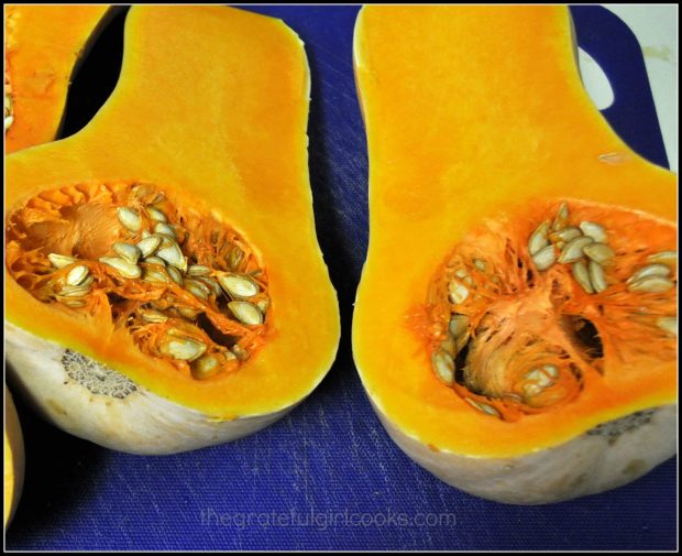 Butternut squash is seeded, cubed and roasted before making this dish.