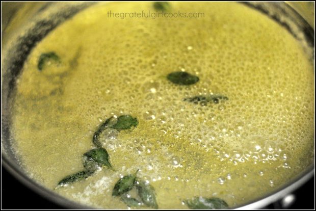Butternut Squash Ravioli with Browned Butter Sage Sauce / The Grateful Girl Cooks! Butter and sage leaves continue to cook until browned.