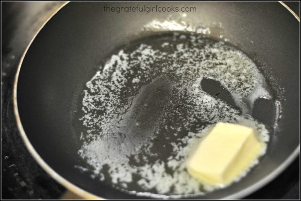 Butter, melting in skillet for making sauce to top chili lime cumin cod.