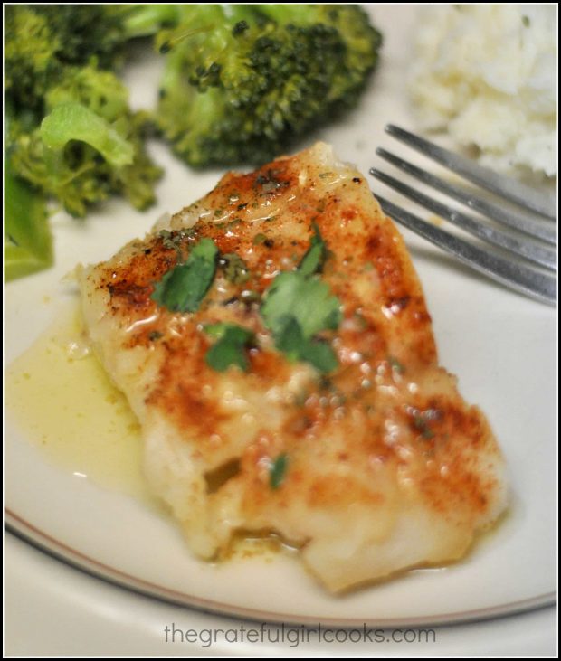 Chili Lime Cumin Cod is topped with sauce, then served (with broccoli and rice on the side).