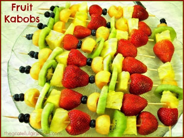 Asked to bring fruit to a brunch or potluck? Why not bring fresh FRUIT KABOBS! Colorful fruit cubes on skewers are portable, delicious, and EASY! 
