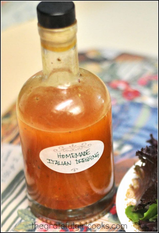 The homemade Italian dressing can be stored in a bottle with a lid.