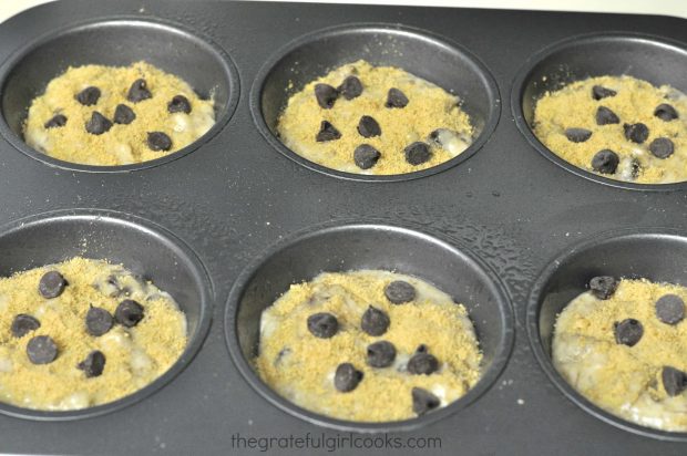 Chocolate chips and graham cracker crumbs are placed on top of the batter before baking.