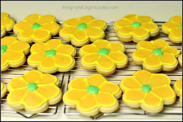 Decorated Spring Flower Sugar cookies, on wire rack.