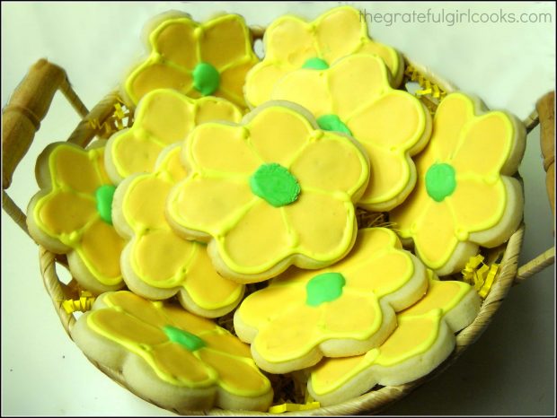 Basket of Spring flower sugar cookies.
