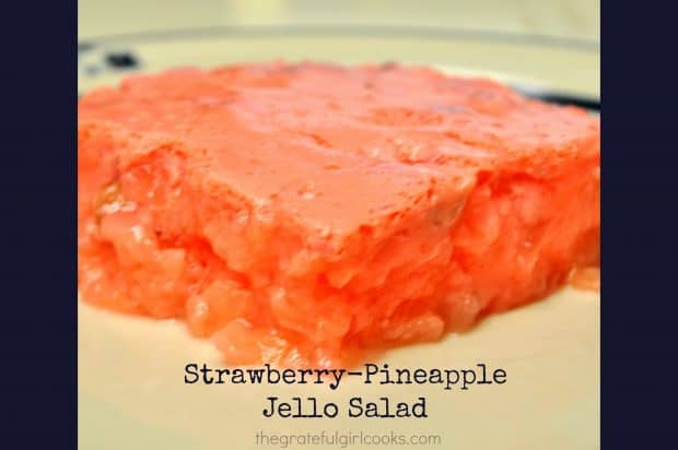 It's easy to make a delicious Strawberry-Pineapple Jello Salad, enhanced with pecans, cream cheese and a secret ingredient- shhh.. it's 7-Up!