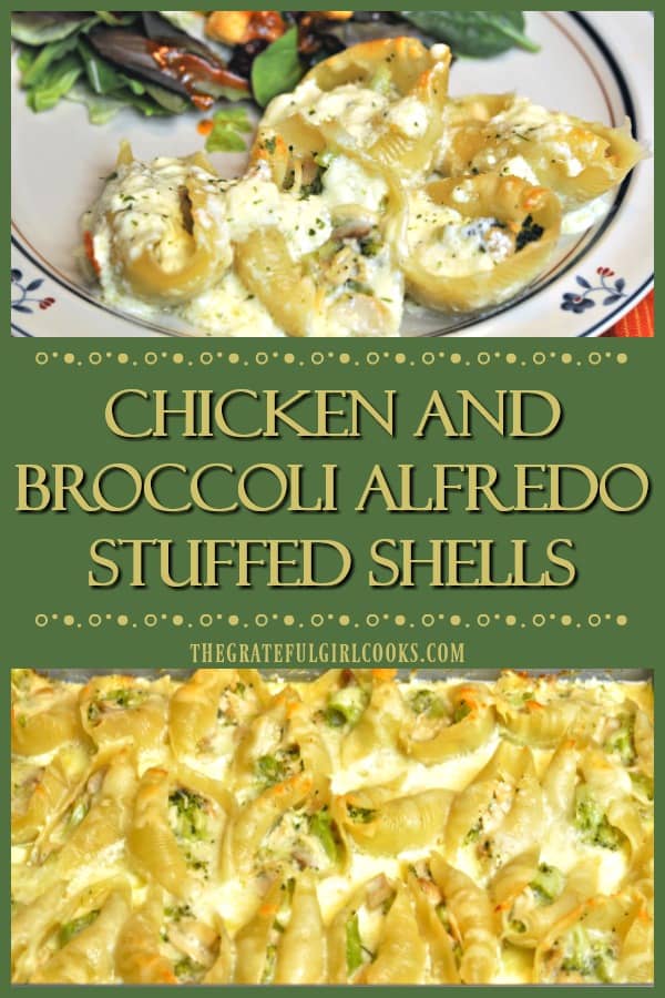 Enjoy great Italian flavors in Chicken Broccoli Stuffed Shells! Pasta shells filled with chicken, broccoli, and a creamy garlic cheese sauce.