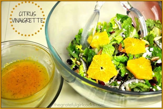 It's easy to make this delicious citrus vinaigrette in under 5 minutes! It's a wonderful dressing you'll enjoy on your mixed green salads!